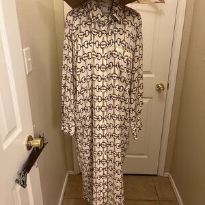 Banana Republic Cream and Brown Patterned Long Sleeve Dress